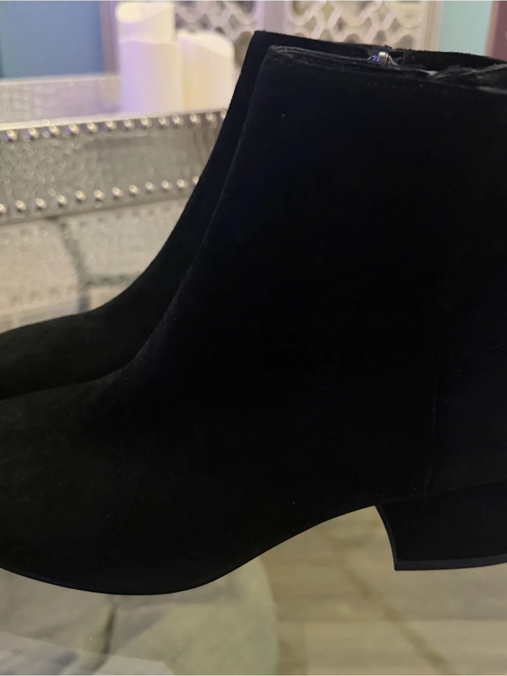 Bass Black Suede Ankle Booties with Low Block Heel